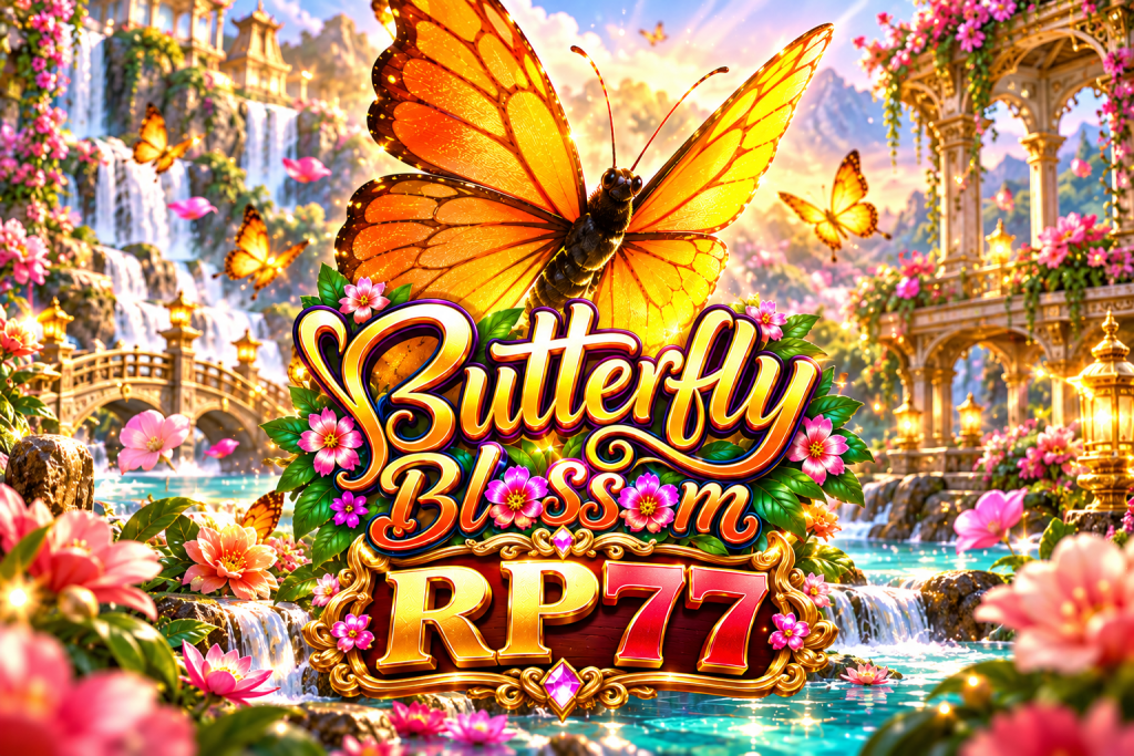 RP77 Butterfly Blossom dengan kupu-kupu oranye, bunga merah muda, air terjun, dan taman fantasi