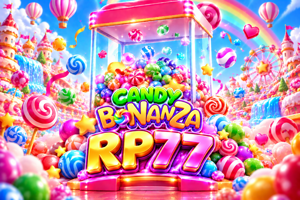 Game Candy Bonanza RP77 dengan mesin permen warna-warni, lolipop, pelangi, kastel fantasi, bianglala, dan dunia permen yang ceria