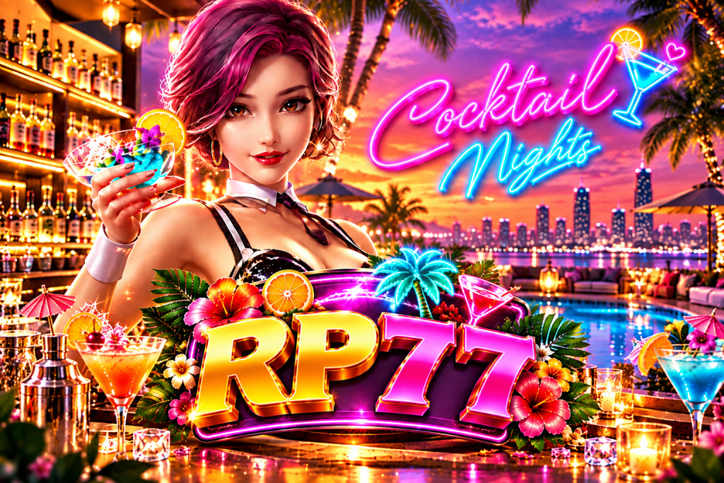 Game Cocktail Nights RP77 dengan wanita berambut ungu, koktail tropis, lampu neon warna-warni, dan suasana bar tepi kolam saat matahari terbenam