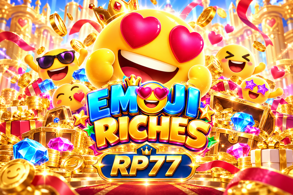 RP77 Emoji Riches dengan emoji hati, koin emas, permata warna-warni, hadiah, dan peti harta