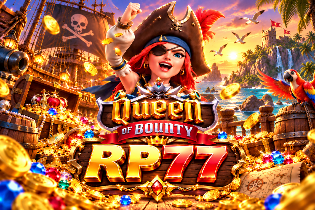 Game Queen of Bounty RP77 dengan ratu bajak laut, kapal, peti harta karun, koin emas, permata, burung beo, dan pulau tropis